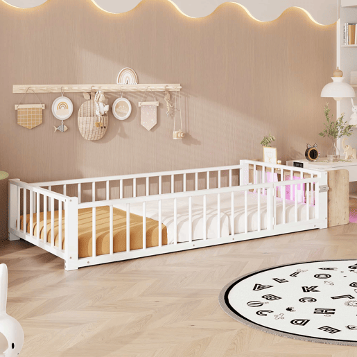 Cama baixa 90x200 cm - com grade de segurança, sem colchão, com compartimentos e luzes LED - Branco
