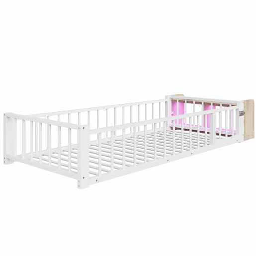 Cama baixa 90x200 cm - com grade de segurança, sem colchão, com compartimentos e luzes LED - Branco