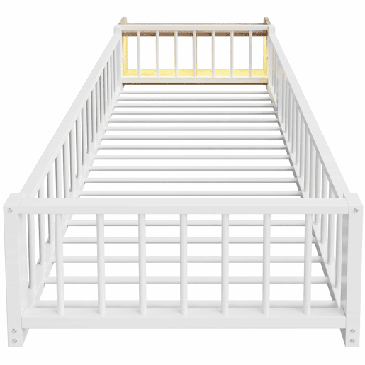 Cama baixa 90x200 cm - com grade de segurança, sem colchão, com compartimentos e luzes LED - Branco