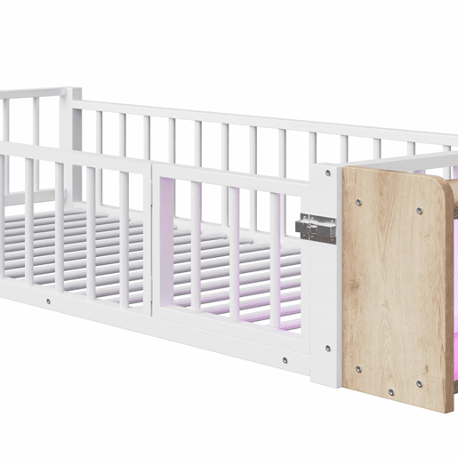 Cama baixa 90x200 cm - com grade de segurança, sem colchão, com compartimentos e luzes LED - Branco