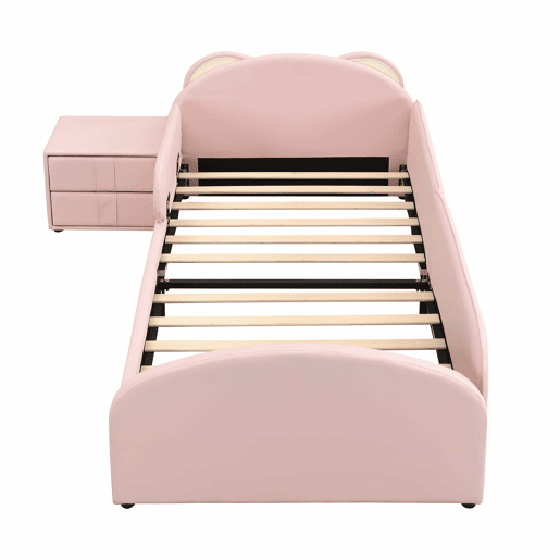 Cama individual infantil 90x200 cm - cabeceira em forma de urso, mesa de cabeceira a condizer, bordas de espuma anti-colisão, design suave, veludo + contraplacado - rosa