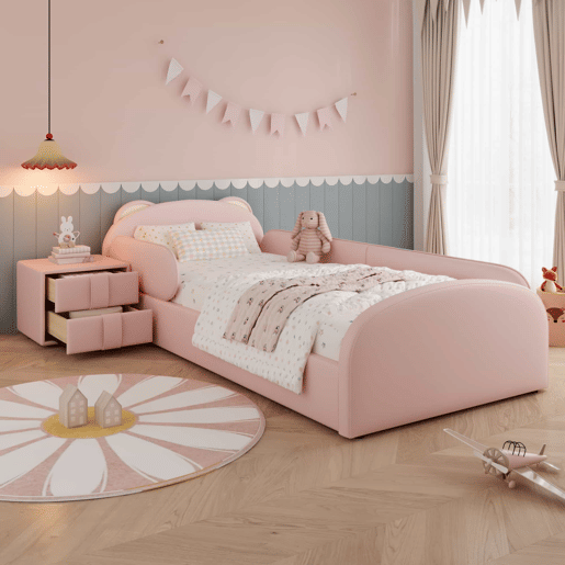 Cama individual infantil 90x200 cm - cabeceira em forma de urso, mesa de cabeceira a condizer, bordas de espuma anti-colisão, design suave, veludo + contraplacado - rosa