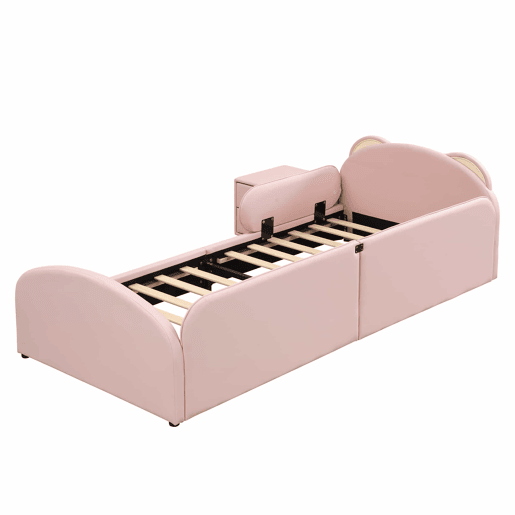 Cama individual infantil 90x200 cm - cabeceira em forma de urso, mesa de cabeceira a condizer, bordas de espuma anti-colisão, design suave, veludo + contraplacado - rosa