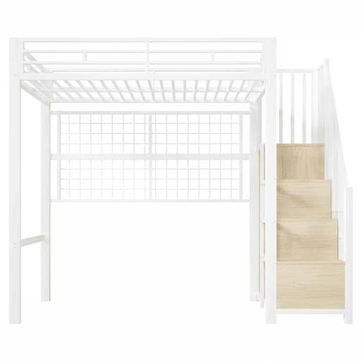 Cama alta 90x200 cm - estrutura em ferro, roupeiro integrado, escada com espaço de arrumação, grelha para pendurar objetos, espaço livre na parte inferior, luzes LED com 7 cores, sem colchão - branco