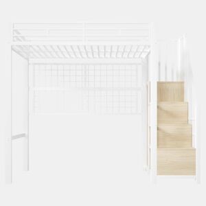 Cama alta 90x200 cm - estrutura em ferro, roupeiro integrado, escada com espaço de arrumação, grelha para pendurar objetos, espaço livre na parte inferior, luzes LED com 7 cores, sem colchão - branco