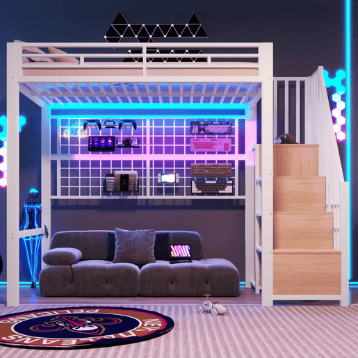 Cama alta 90x200 cm - estrutura em ferro, roupeiro integrado, escada com espaço de arrumação, grelha para pendurar objetos, espaço livre na parte inferior, luzes LED com 7 cores, sem colchão - branco