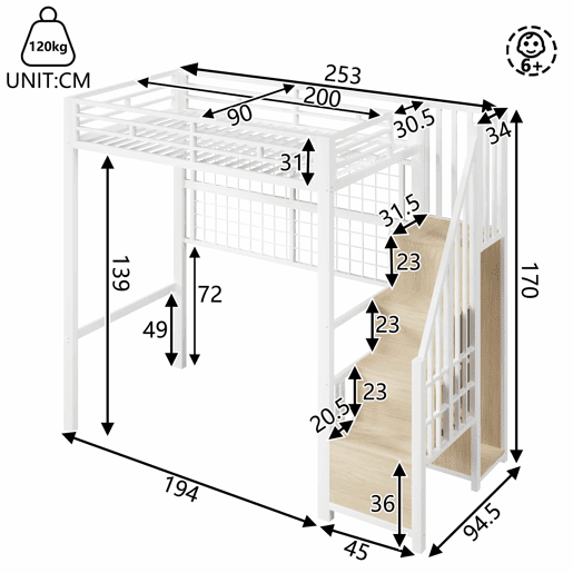 Cama alta 90x200 cm - estrutura em ferro, roupeiro integrado, escada com espaço de arrumação, grelha para pendurar objetos, espaço livre na parte inferior, luzes LED com 7 cores, sem colchão - branco
