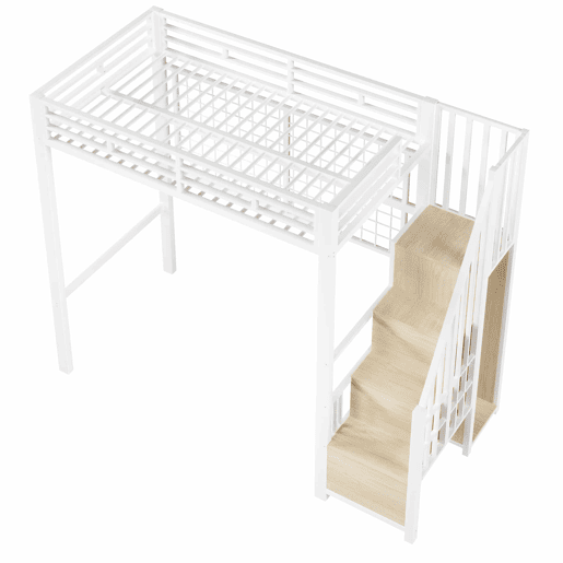 Cama alta 90x200 cm - estrutura em ferro, roupeiro integrado, escada com espaço de arrumação, grelha para pendurar objetos, espaço livre na parte inferior, luzes LED com 7 cores, sem colchão - branco