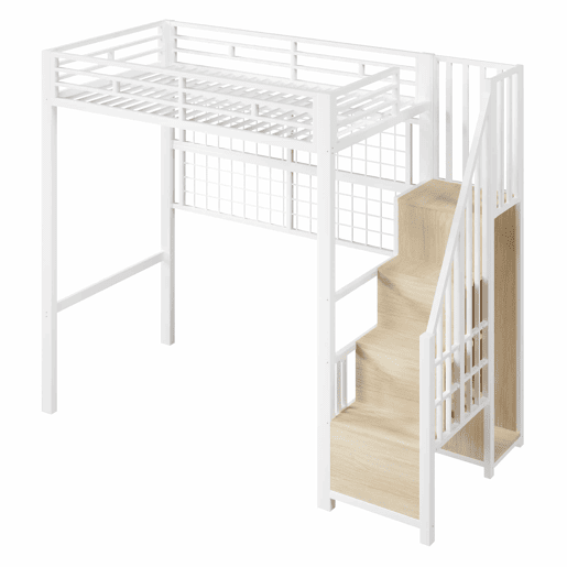 Cama alta 90x200 cm - estrutura em ferro, roupeiro integrado, escada com espaço de arrumação, grelha para pendurar objetos, espaço livre na parte inferior, luzes LED com 7 cores, sem colchão - branco