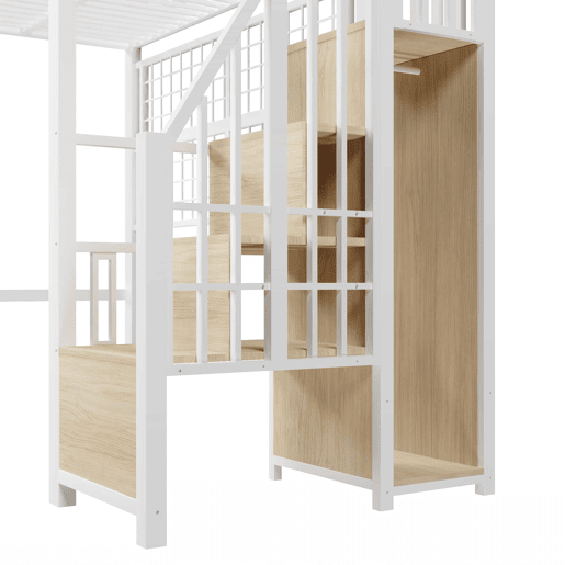 Cama alta 90x200 cm - estrutura em ferro, roupeiro integrado, escada com espaço de arrumação, grelha para pendurar objetos, espaço livre na parte inferior, luzes LED com 7 cores, sem colchão - branco
