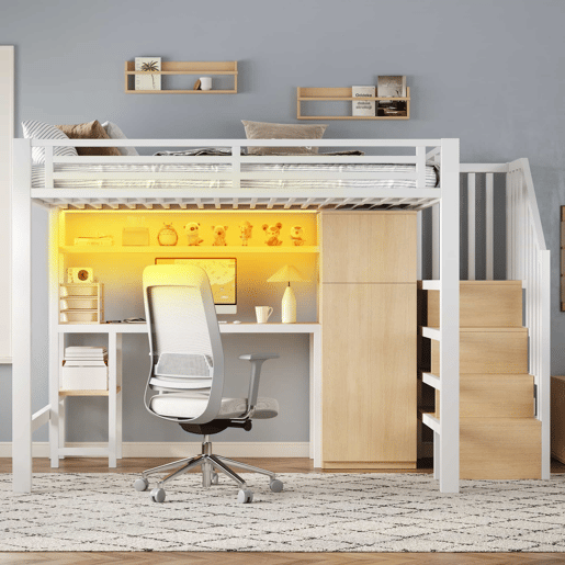 Beliche metálico 140x200 - com secretária, estante, roupeiro e escada com espaço de arrumação - branco