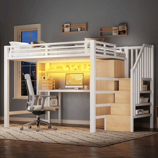 Beliche metálico 140x200 - com secretária, estante, roupeiro e escada com espaço de arrumação - branco