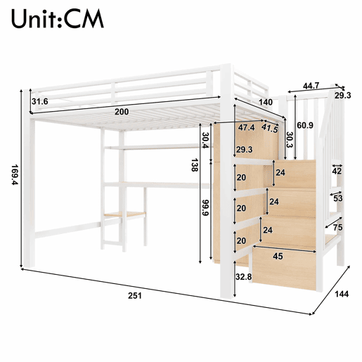 Beliche metálico 140x200 - com secretária, estante, roupeiro e escada com espaço de arrumação - branco