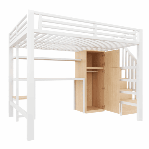 Beliche metálico 140x200 - com secretária, estante, roupeiro e escada com espaço de arrumação - branco