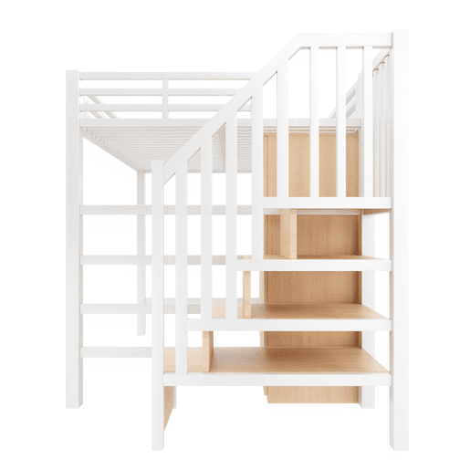 Beliche metálico 140x200 - com secretária, estante, roupeiro e escada com espaço de arrumação - branco