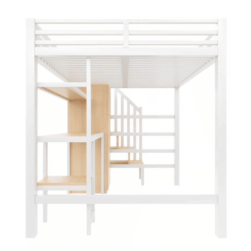 Beliche metálico 140x200 - com secretária, estante, roupeiro e escada com espaço de arrumação - branco
