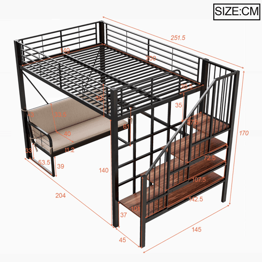Beliche 140x200 - Estrutura metálica, sofá estofado desmontável, arrumação, escada de segurança - Preto