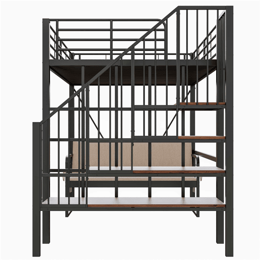 Beliche 140x200 - Estrutura metálica, sofá estofado desmontável, arrumação, escada de segurança - Preto