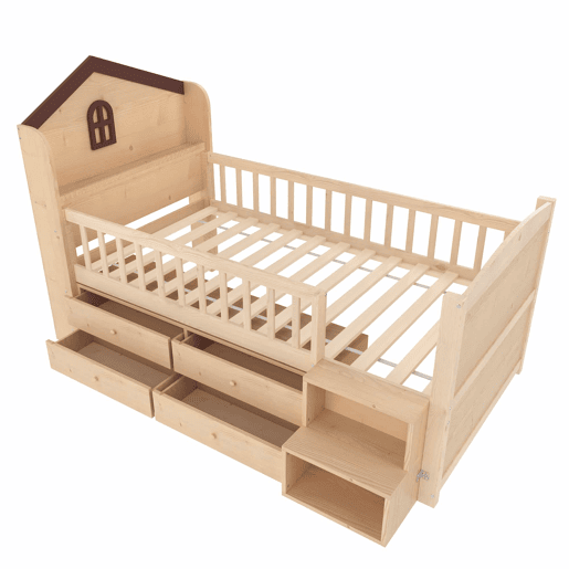 Cama infantil semi-alta tipo casa 90x200 cm - janelas, 4 gavetas, luz LED, escada com arrumação, sem colchão - Natural