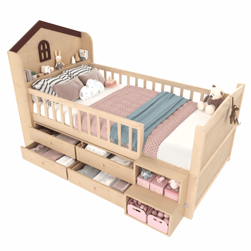 Cama infantil semi-alta tipo casa 90x200 cm - janelas, 4 gavetas, luz LED, escada com arrumação, sem colchão - Natural