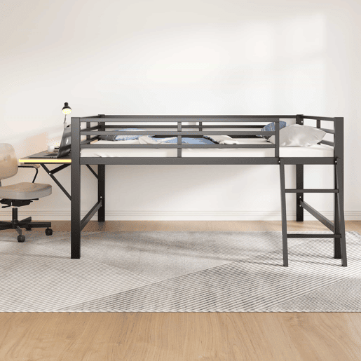 Cama baixa 140x200 cm - Metal, sem colchão, grade de proteção, escada, secretária, faixa de LED - Preta