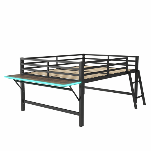 Cama baixa 140x200 cm - Metal, sem colchão, grade de proteção, escada, secretária, faixa de LED - Preta
