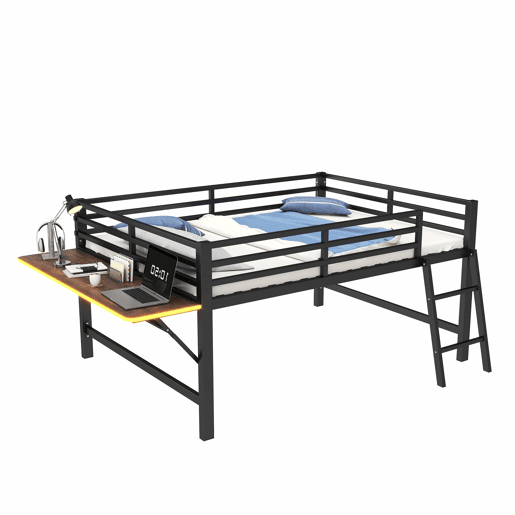 Cama baixa 140x200 cm - Metal, sem colchão, grade de proteção, escada, secretária, faixa de LED - Preta