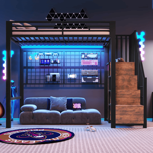 Cama alta 90 x 200 cm - estrutura em ferro, armário, escada com espaço de arrumação, grelha para pendurar objetos, espaço livre na parte inferior, luzes LED de 7 cores, sem colchão - preto