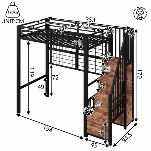 Cama alta 90 x 200 cm - estrutura em ferro, armário, escada com espaço de arrumação, grelha para pendurar objetos, espaço livre na parte inferior, luzes LED de 7 cores, sem colchão - preto