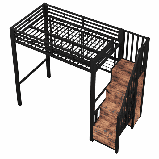 Cama alta 90 x 200 cm - estrutura em ferro, armário, escada com espaço de arrumação, grelha para pendurar objetos, espaço livre na parte inferior, luzes LED de 7 cores, sem colchão - preto