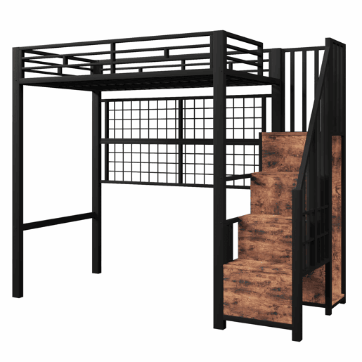 Cama alta 90 x 200 cm - estrutura em ferro, armário, escada com espaço de arrumação, grelha para pendurar objetos, espaço livre na parte inferior, luzes LED de 7 cores, sem colchão - preto