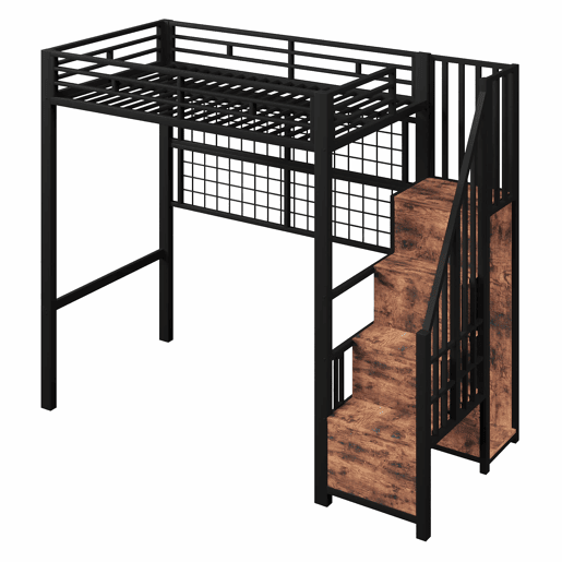 Cama alta 90 x 200 cm - estrutura em ferro, armário, escada com espaço de arrumação, grelha para pendurar objetos, espaço livre na parte inferior, luzes LED de 7 cores, sem colchão - preto