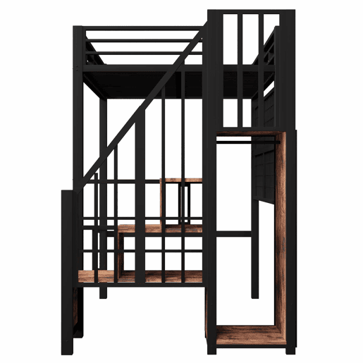 Cama alta 90 x 200 cm - estrutura em ferro, armário, escada com espaço de arrumação, grelha para pendurar objetos, espaço livre na parte inferior, luzes LED de 7 cores, sem colchão - preto