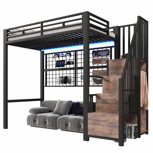 Cama alta 90 x 200 cm - estrutura em ferro, armário, escada com espaço de arrumação, grelha para pendurar objetos, espaço livre na parte inferior, luzes LED de 7 cores, sem colchão - preto