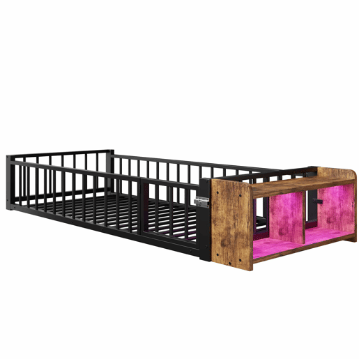 Cama baixa, 90 x 200 cm - Estrutura metálica, com grades laterais, sem colchão, com compartimentos e luzes LED - Preto