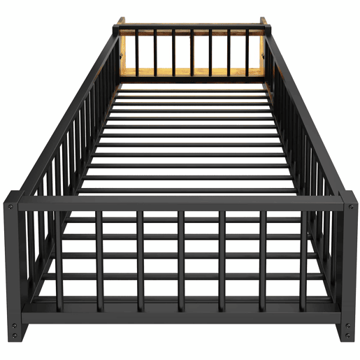 Cama baixa, 90 x 200 cm - Estrutura metálica, com grades laterais, sem colchão, com compartimentos e luzes LED - Preto