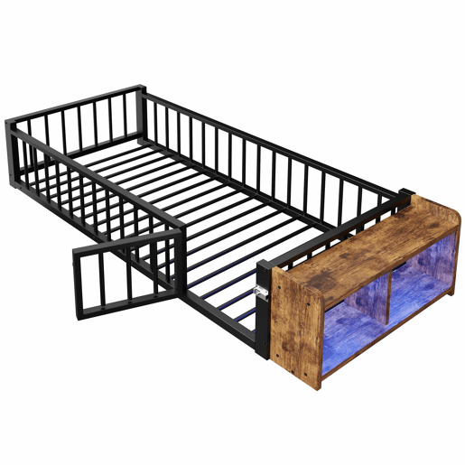Cama baixa, 90 x 200 cm - Estrutura metálica, com grades laterais, sem colchão, com compartimentos e luzes LED - Preto