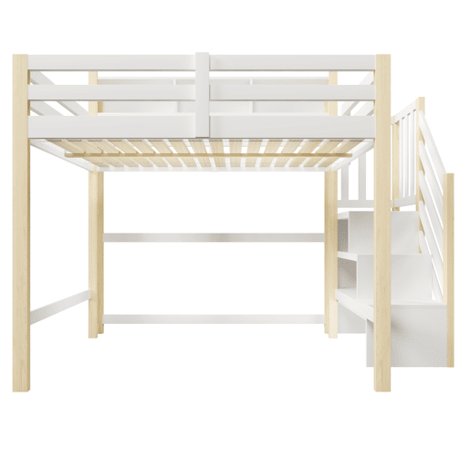 Beliche alto 140x200 cm - com luzes LED, grande espaço de arrumação, escada e prateleira aberta - Branco e natural