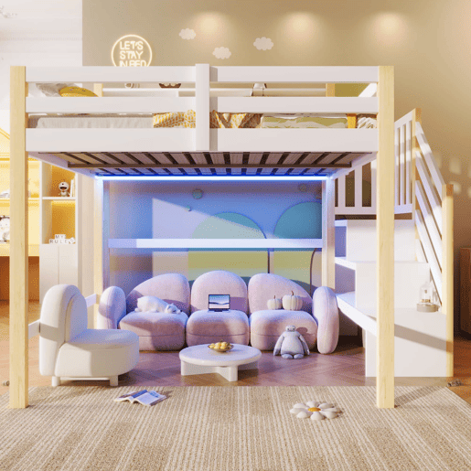 Beliche alto 140x200 cm - com luzes LED, grande espaço de arrumação, escada e prateleira aberta - Branco e natural
