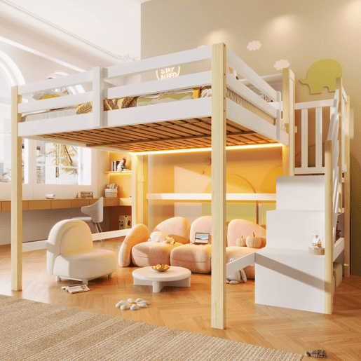 Beliche alto 140x200 cm - com luzes LED, grande espaço de arrumação, escada e prateleira aberta - Branco e natural