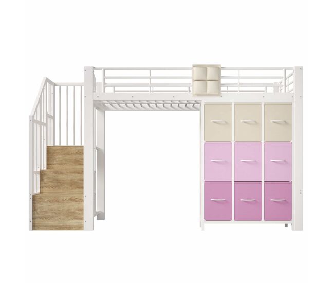 Litera alta 90x200 cm - con cajones, barra para ropa, barandilla, escalera con almacenamiento, sin colchón - blanco