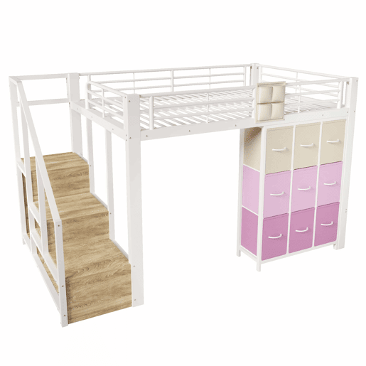 Beliche alto 140 x 200 cm - Com gavetas, barra para roupa, corrimão, escada com espaço de arrumação - Branco