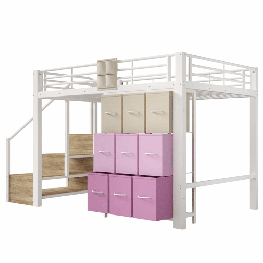 Beliche alto 140 x 200 cm - Com gavetas, barra para roupa, corrimão, escada com espaço de arrumação - Branco