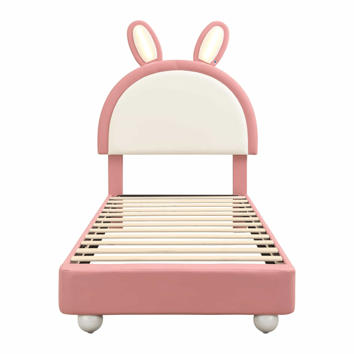 Cama estofada individual 90x200 cm - cabeceira em forma de coelho, faixa de LED, borda de espuma anti-colisão, estrutura estável em PU + contraplacado - rosa e branco
