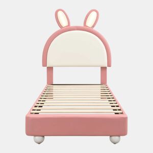 Cama estofada individual 90x200 cm - cabeceira em forma de coelho, faixa de LED, borda de espuma anti-colisão, estrutura estável em PU + contraplacado - rosa e branco