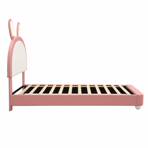Cama estofada individual 90x200 cm - cabeceira em forma de coelho, faixa de LED, borda de espuma anti-colisão, estrutura estável em PU + contraplacado - rosa e branco