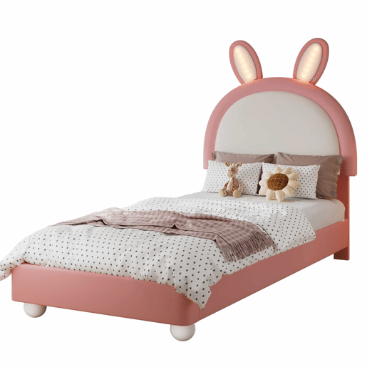 Cama estofada individual 90x200 cm - cabeceira em forma de coelho, faixa de LED, borda de espuma anti-colisão, estrutura estável em PU + contraplacado - rosa e branco