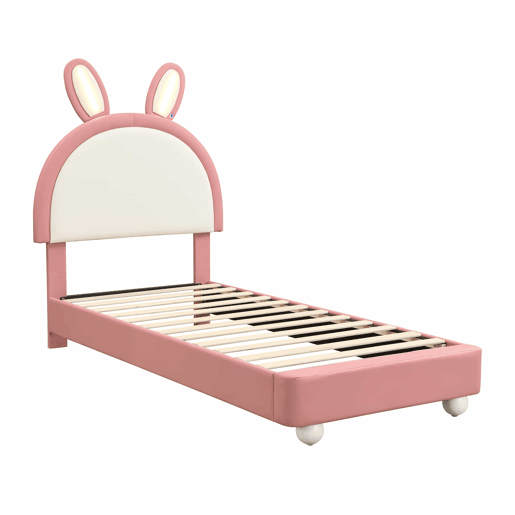 Cama estofada individual 90x200 cm - cabeceira em forma de coelho, faixa de LED, borda de espuma anti-colisão, estrutura estável em PU + contraplacado - rosa e branco