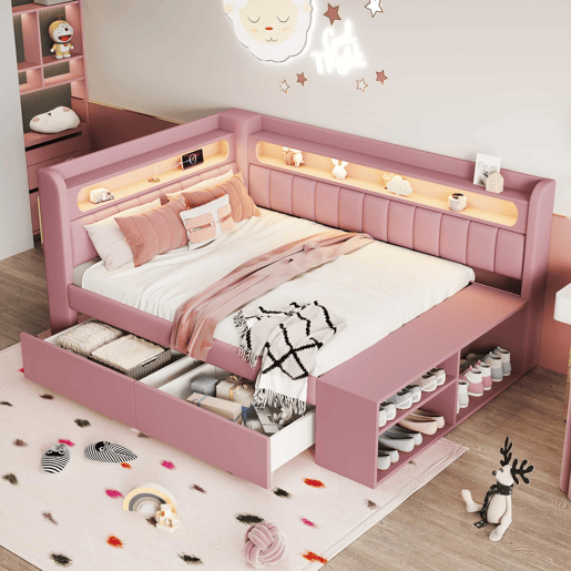 Sofá-cama estofado 90 x 200 cm - porta USB, faixa de luz LED, sapateira incluída, duas gavetas - rosa