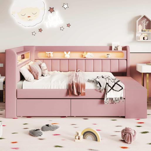 Sofá-cama estofado 90 x 200 cm - porta USB, faixa de luz LED, sapateira incluída, duas gavetas - rosa